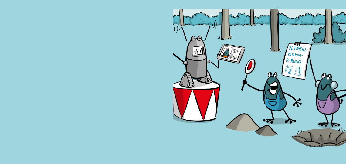 Illustration: Ein Roboter und zwei Frösche interagieren miteinander.